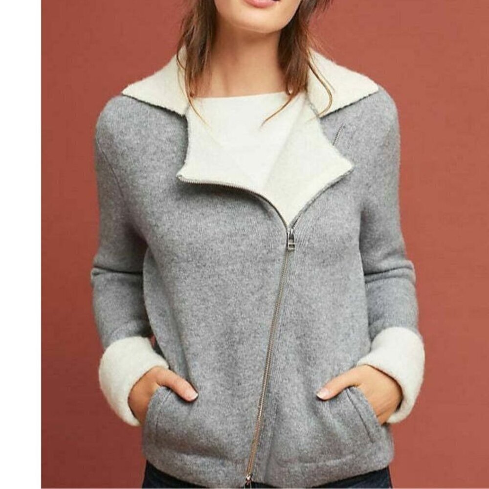 Anthropologie Moto Jacket Womens Small Gray Full Zip Contrast Collar Asymmetric - Picture 2 of 7